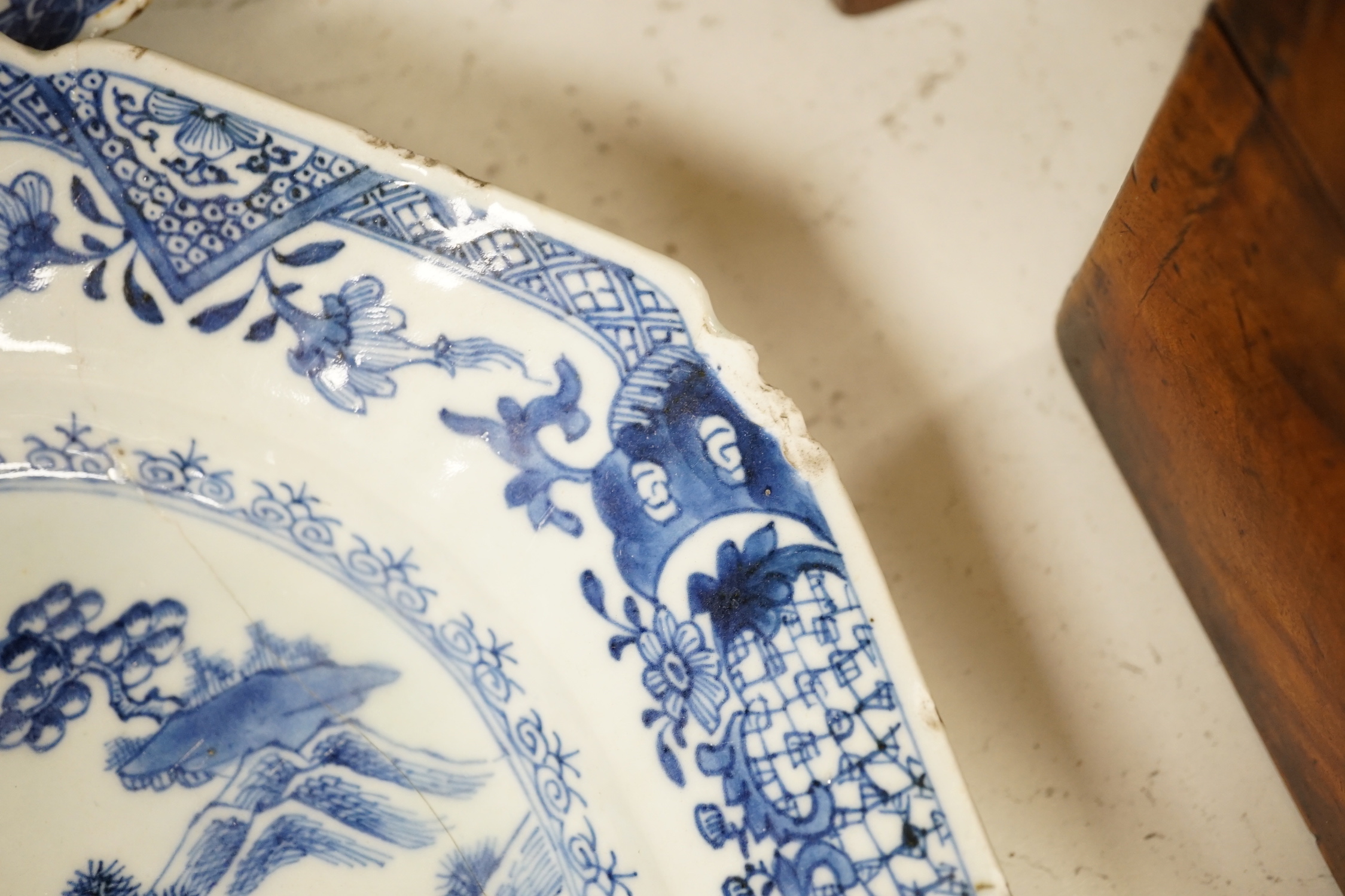 Three 18th century Chinese blue and white meat plates, largest, 41.5cm wide, 35cm deep (a.f.)